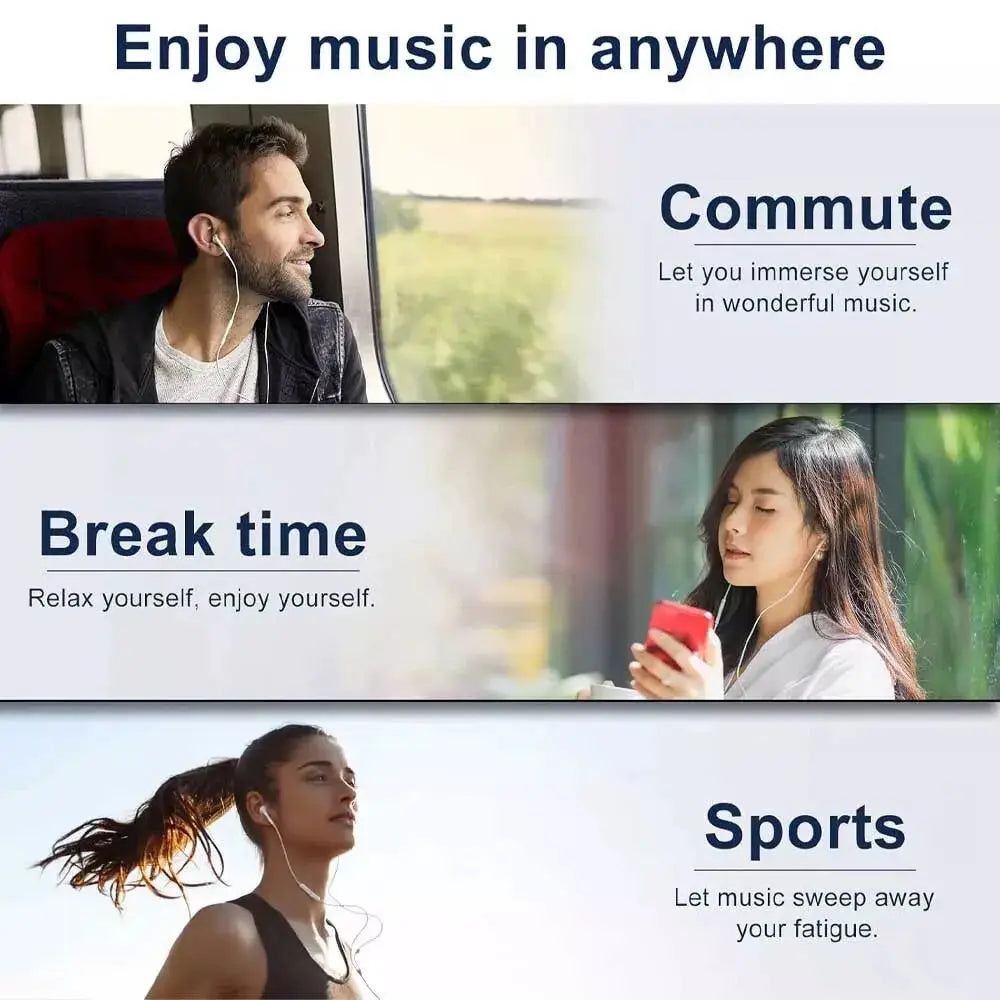 Simples Market 3.5mm wired stereo headphones for mobile phones and PCs, shown on three people.