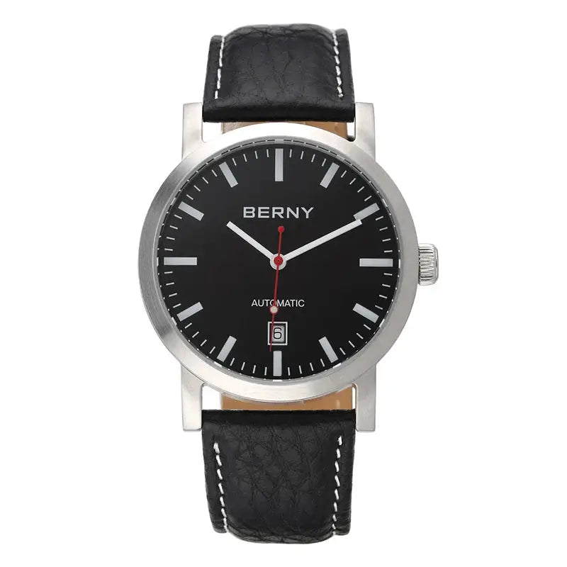 BERNY men’s wristwatch, black dial, leather strap, automatic movement.