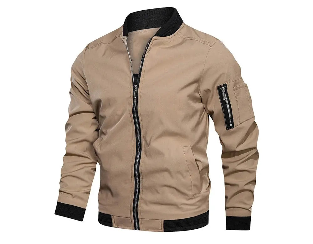 Beige men's lightweight windbreaker jacket with zip front, ribbed cuffs, and side pockets