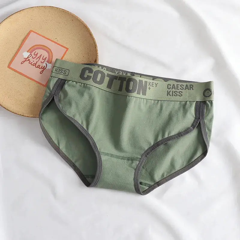 Women's green cotton briefs with grey trim, breathable antibacterial underwear