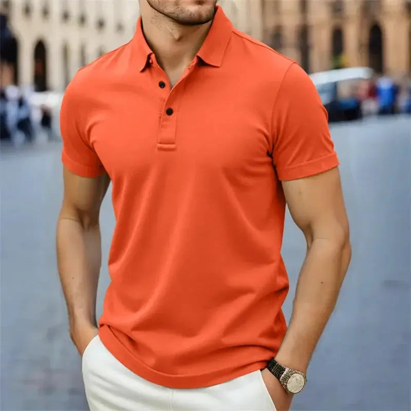 Men's orange polo shirt by Simples Market, short sleeves, collared with placket, breathable fabric.