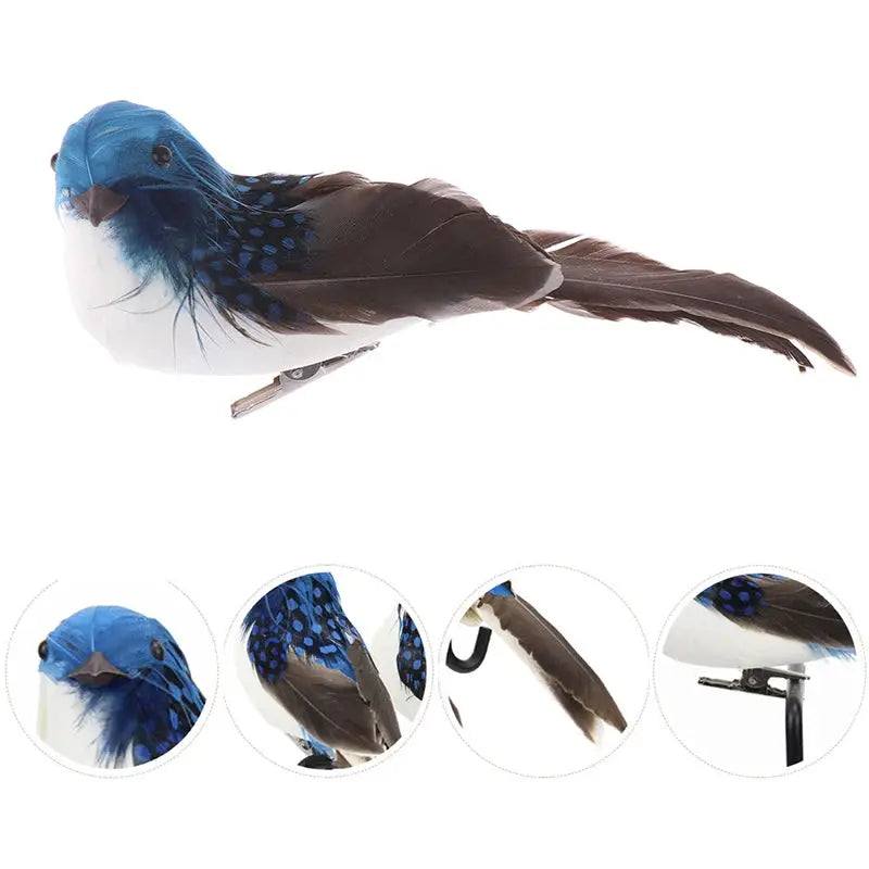 Artificial blue-headed feather bird for garden decor with clip-on brown wings