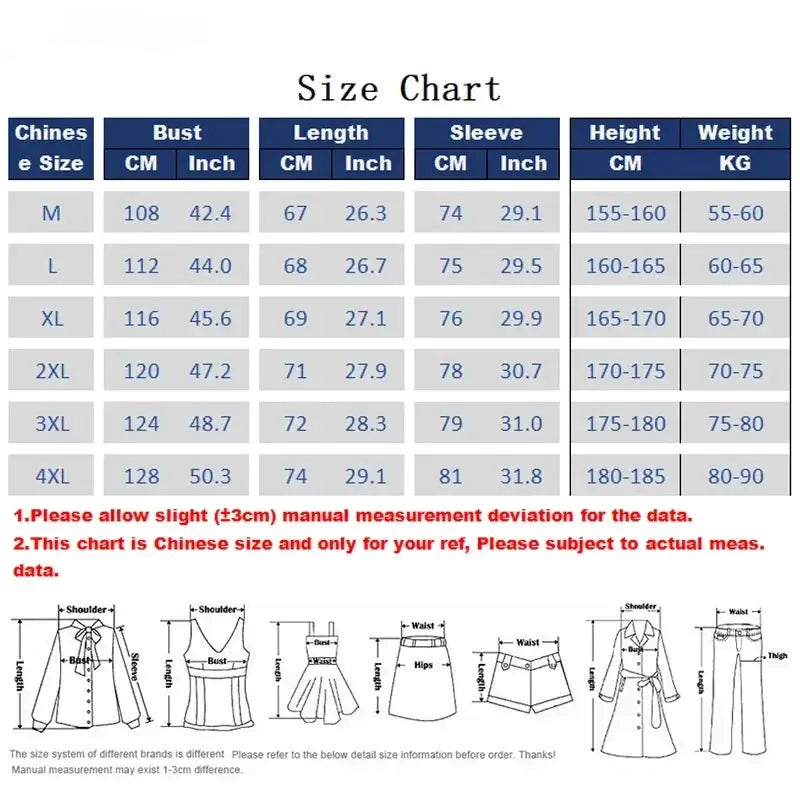 Men's down jacket size chart with Chinese measurements and garment diagrams