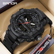SANDA 6130 dual-display men’s sport watch, black rugged design, waterproof quartz with LED digital clock, Simples Market