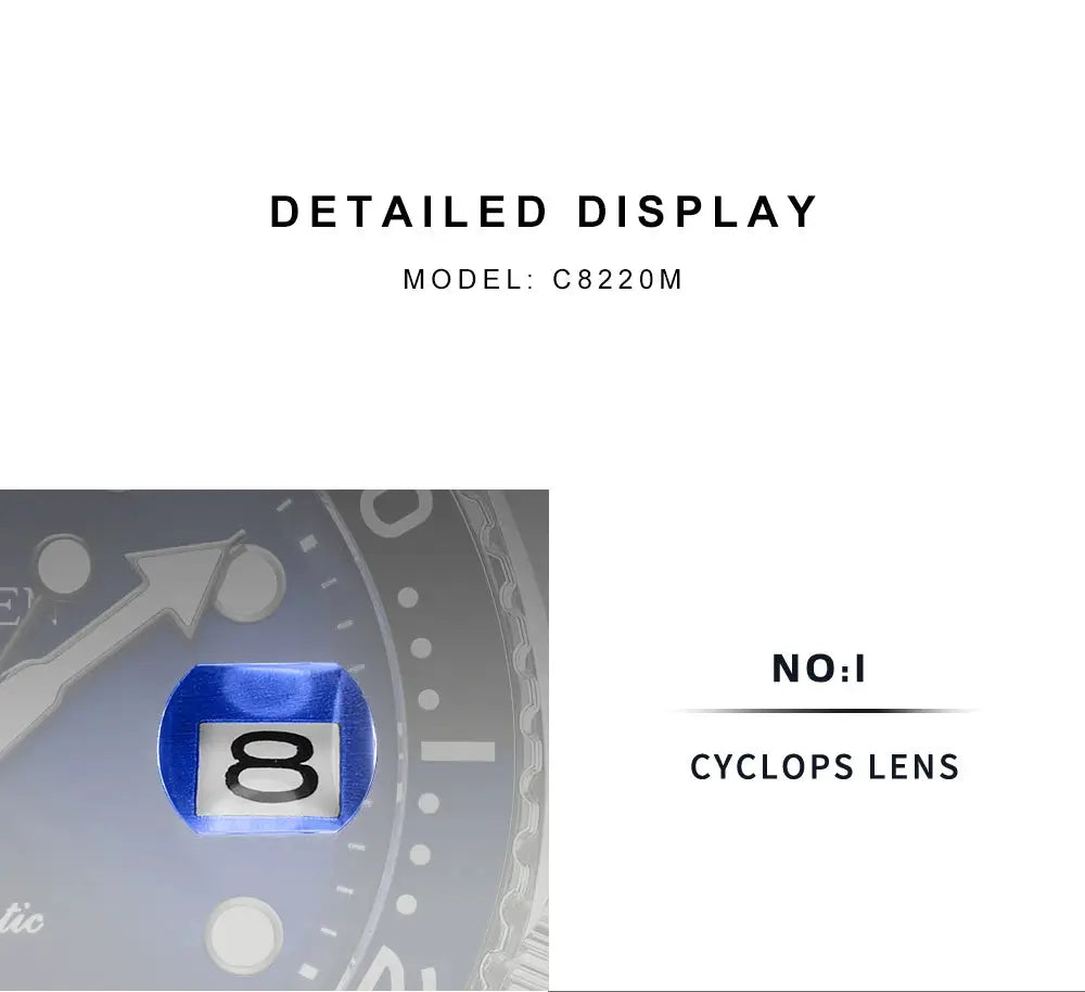 CADISEN men's luminous mechanical wristwatch with ceramic bezel and sapphire glass, blue date cyclops.