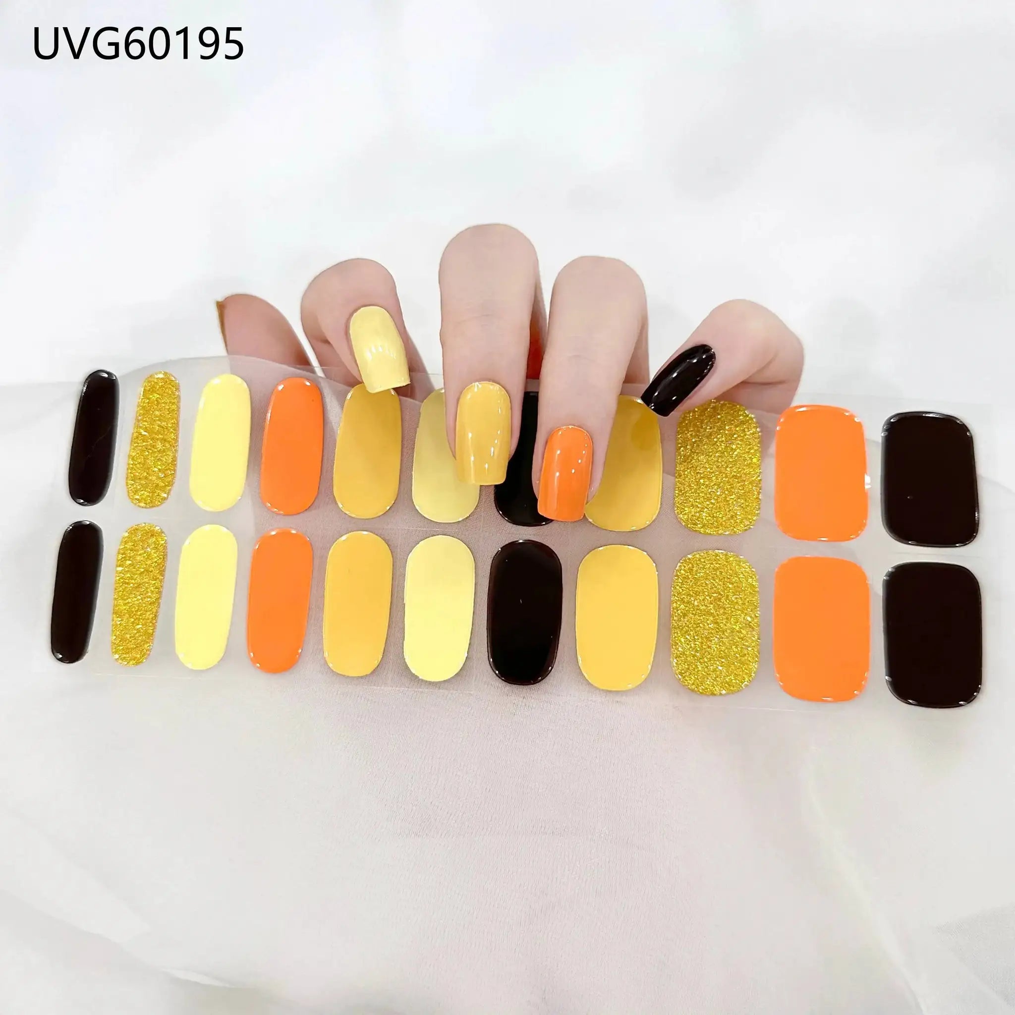 Simples Market gel nail wrap set with full-cover stickers in yellow, orange, black and gold glitter