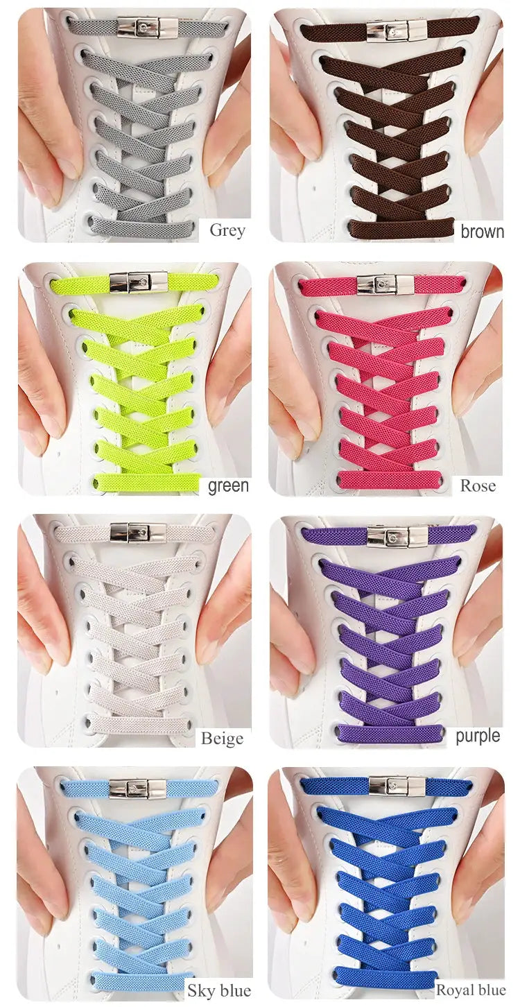 8mm no-tie elastic shoelaces with press-lock; widened flat laces in 8 colors for sneakers