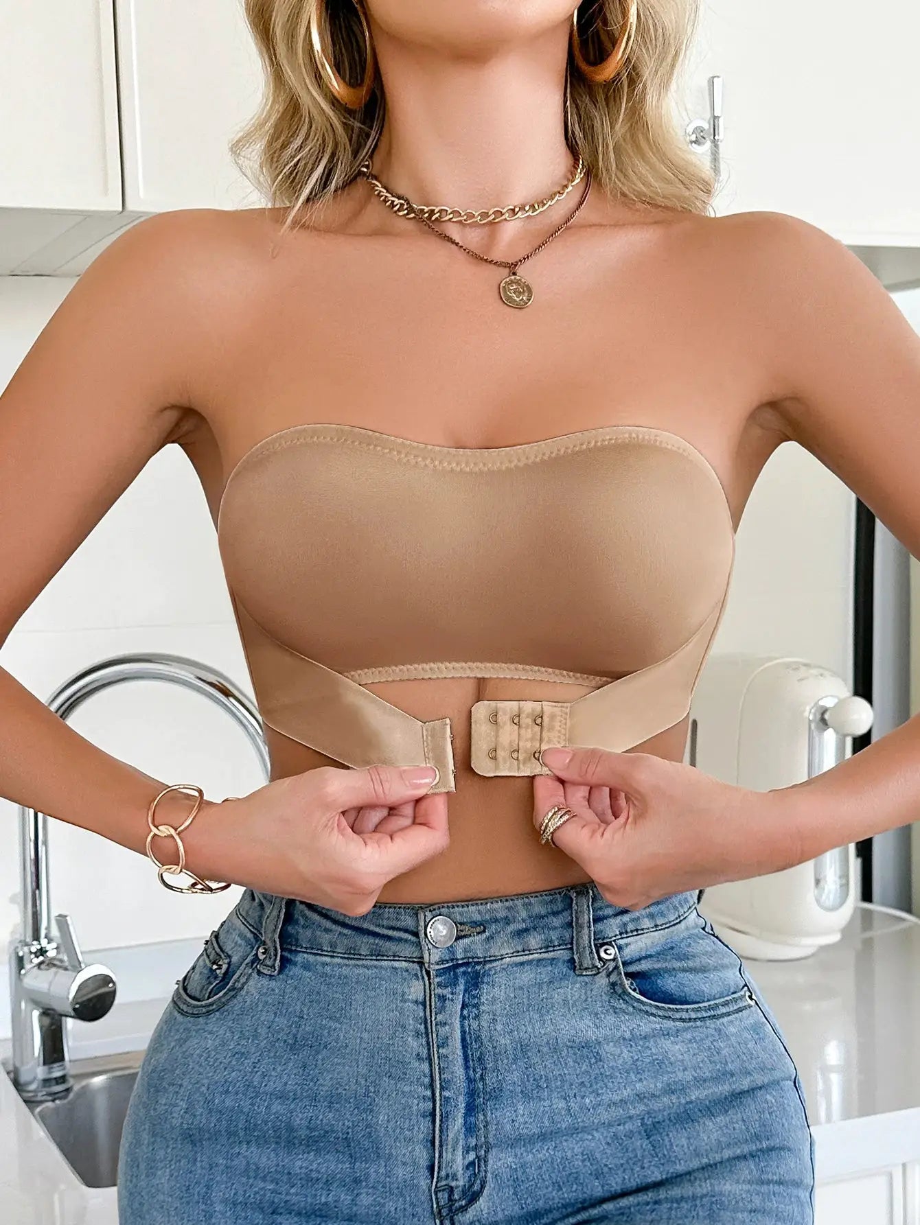 Beige strapless wireless front-clasp bra, unpadded bralette