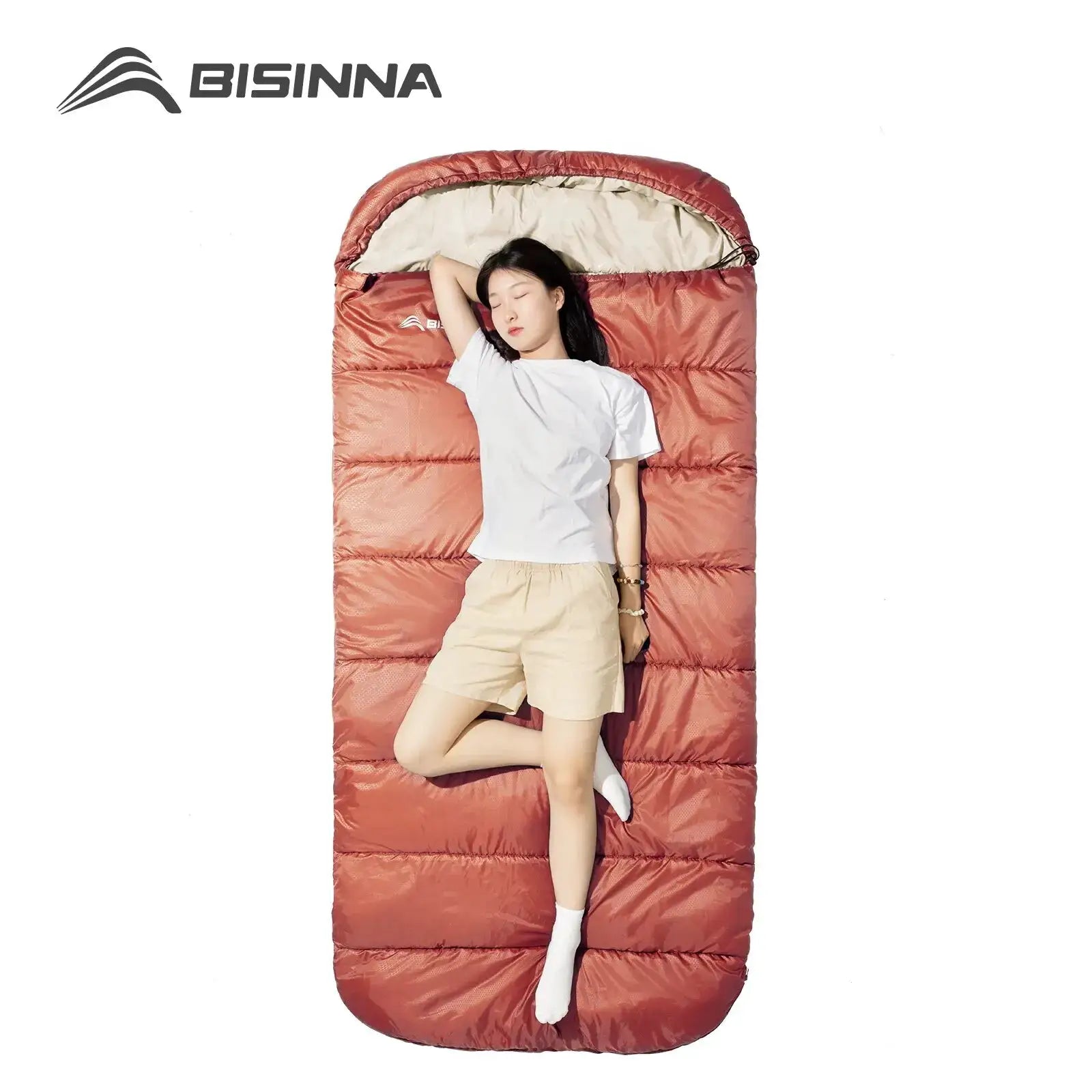 BISINNA large camping sleeping bag, coral red exterior with beige lining, lightweight 3-season long size