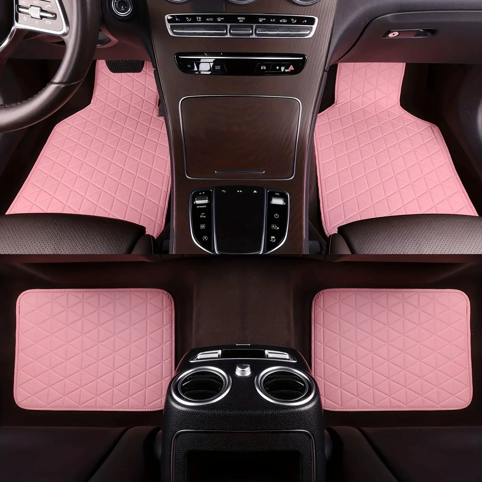 4-piece pink PU leather car floor mats with a quilted pattern for all-weather protection