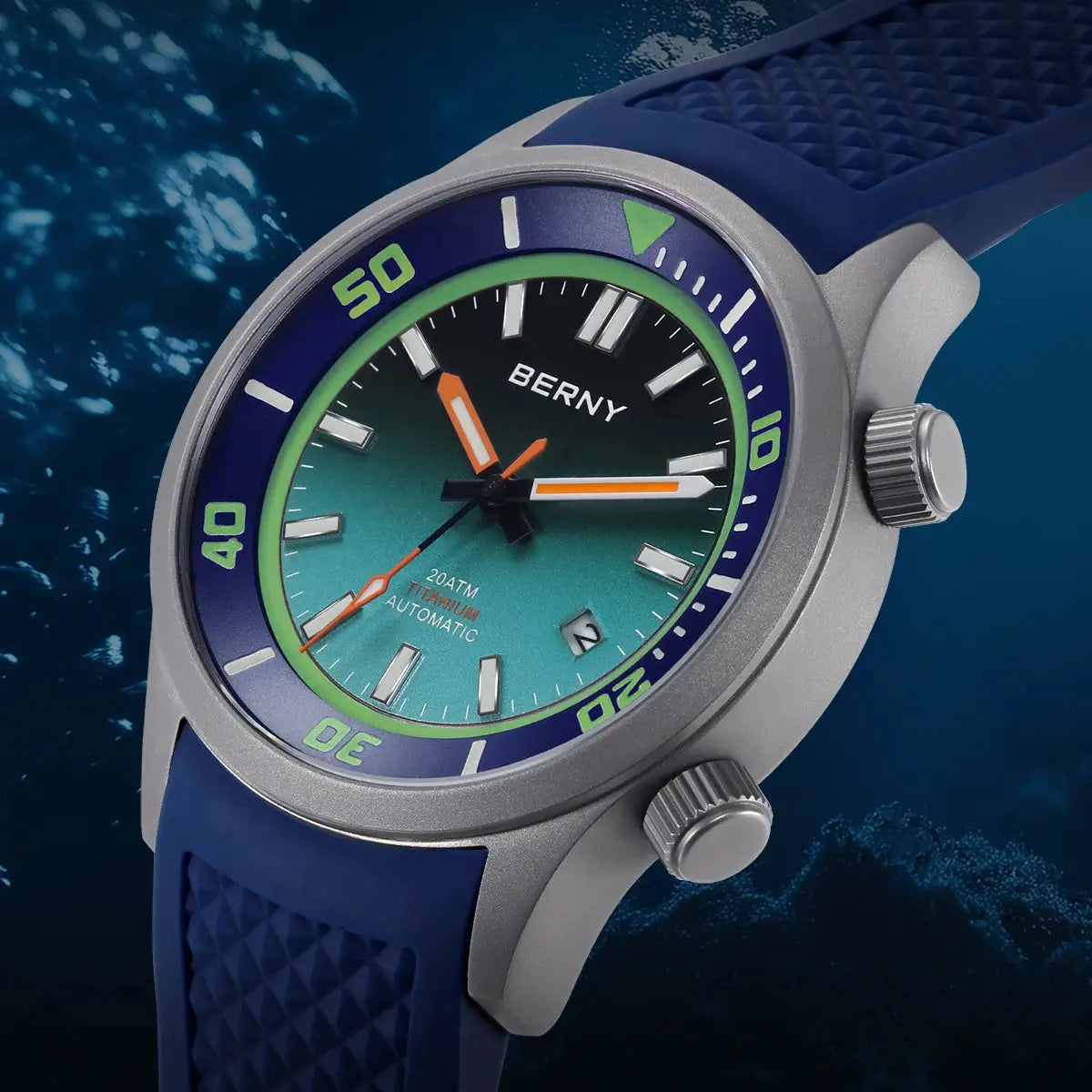 BERNY 20ATM titanium automatic diver watch for men with blue silicone strap and gradient teal dial