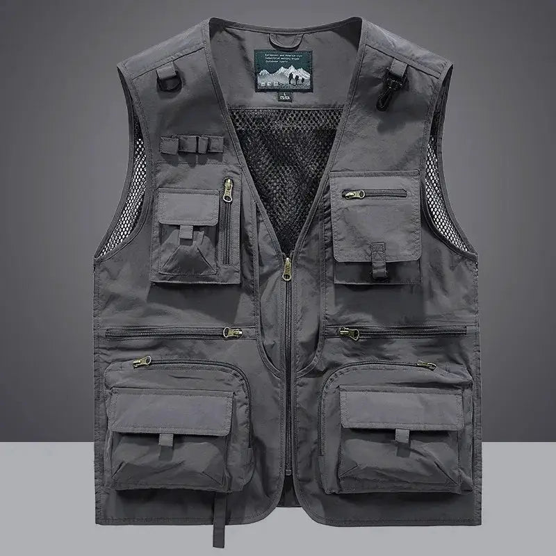 Simples Market gray multipocket fishing vest for men with quick-dry mesh and multiple zip pockets