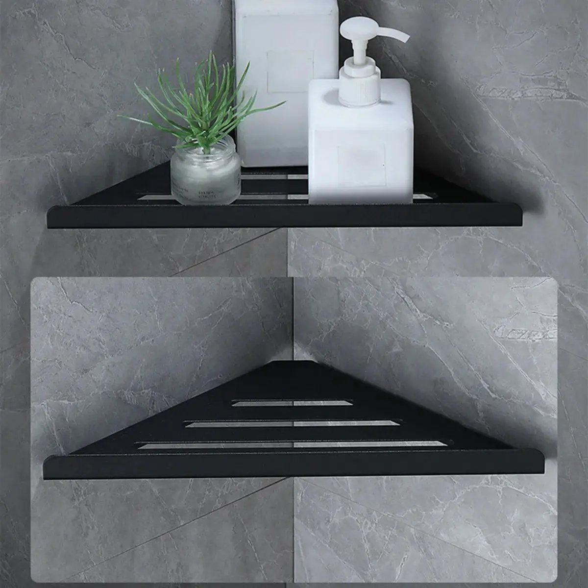 Bathroom corner shelf, black metal two-tier shower rack with slatted bottom