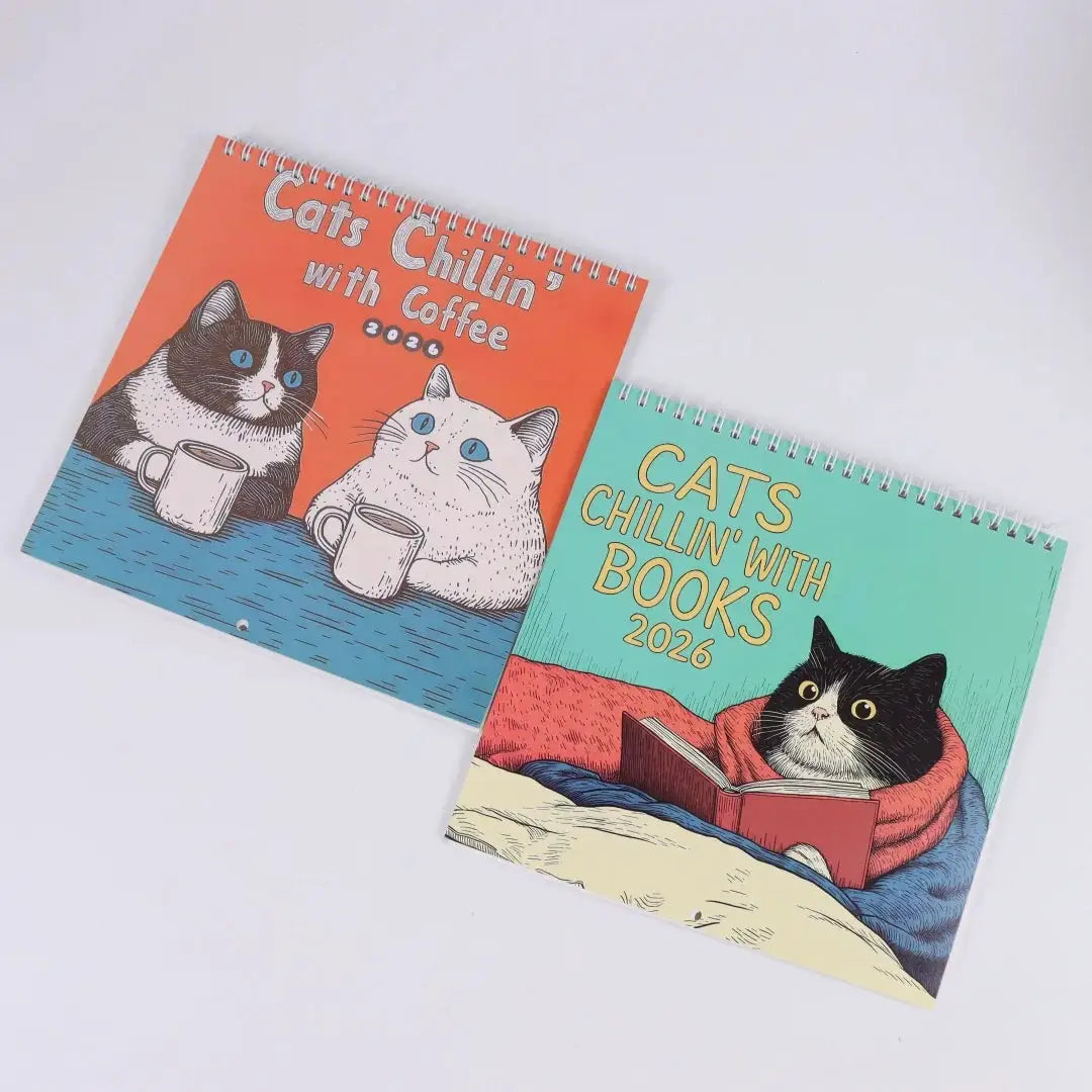 Cat art calendars, two spiral-bound wall calendars with orange and teal covers for 2026.