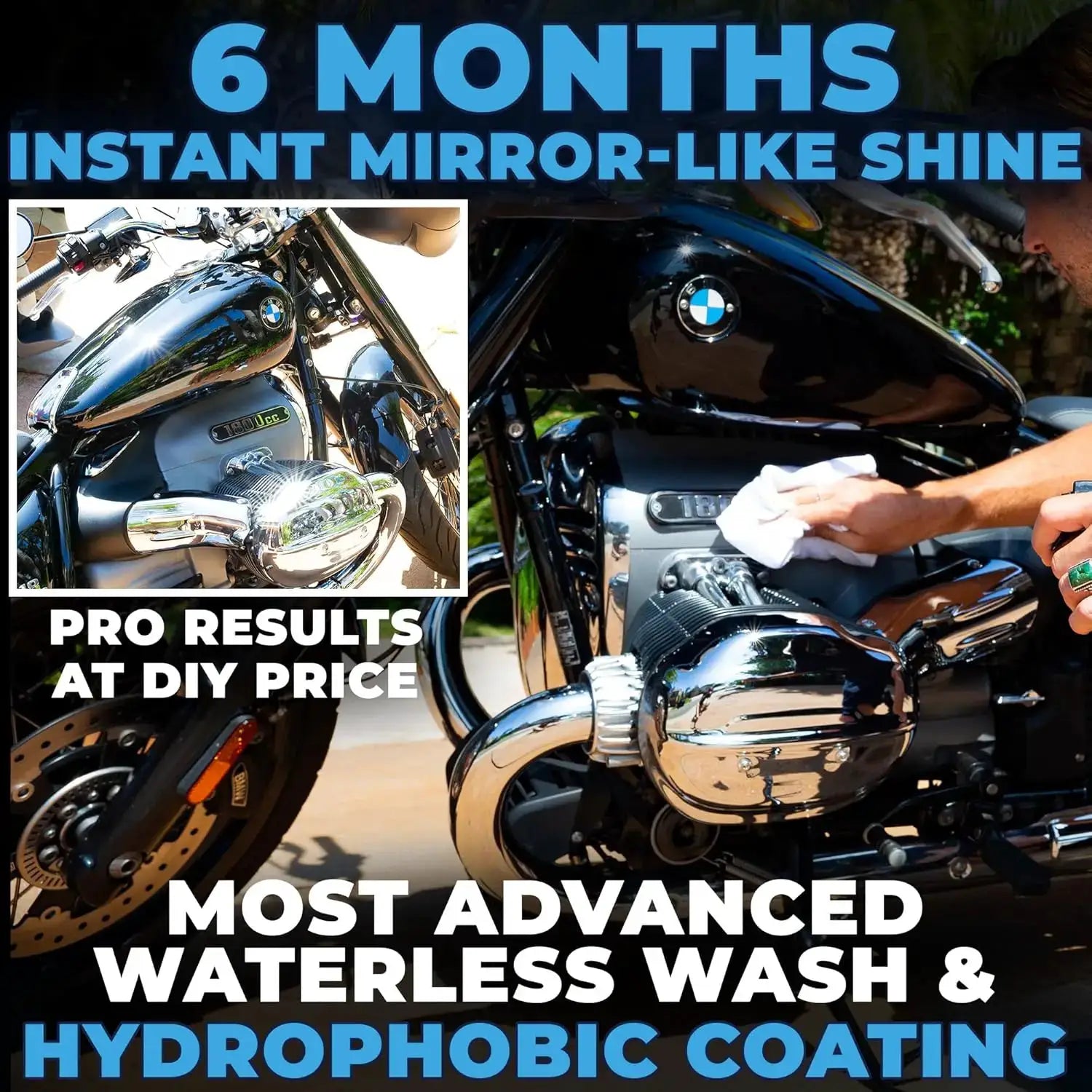 Hydroshine engine bay cleaner spray; black BMW motorcycle with chrome engine components, hands wiping with cloth