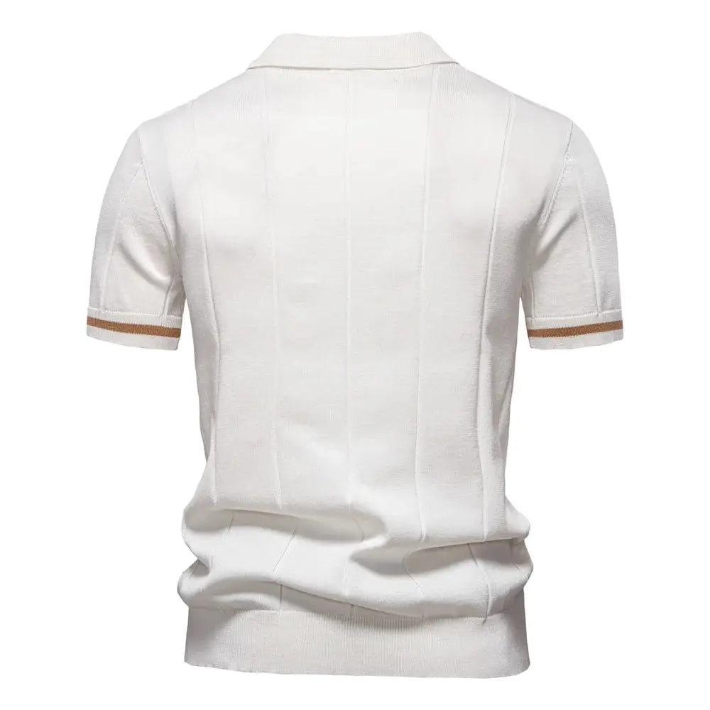 Men's white polo shirt with short sleeves and tan stripe cuffs