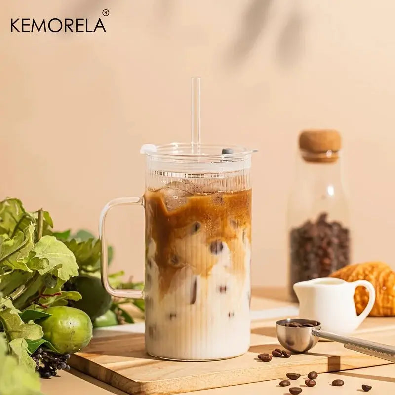 Kemorela 740ml Large Ribbed Glass Tumbler With Handle And Lid Reusable Straw For Iced Coffee