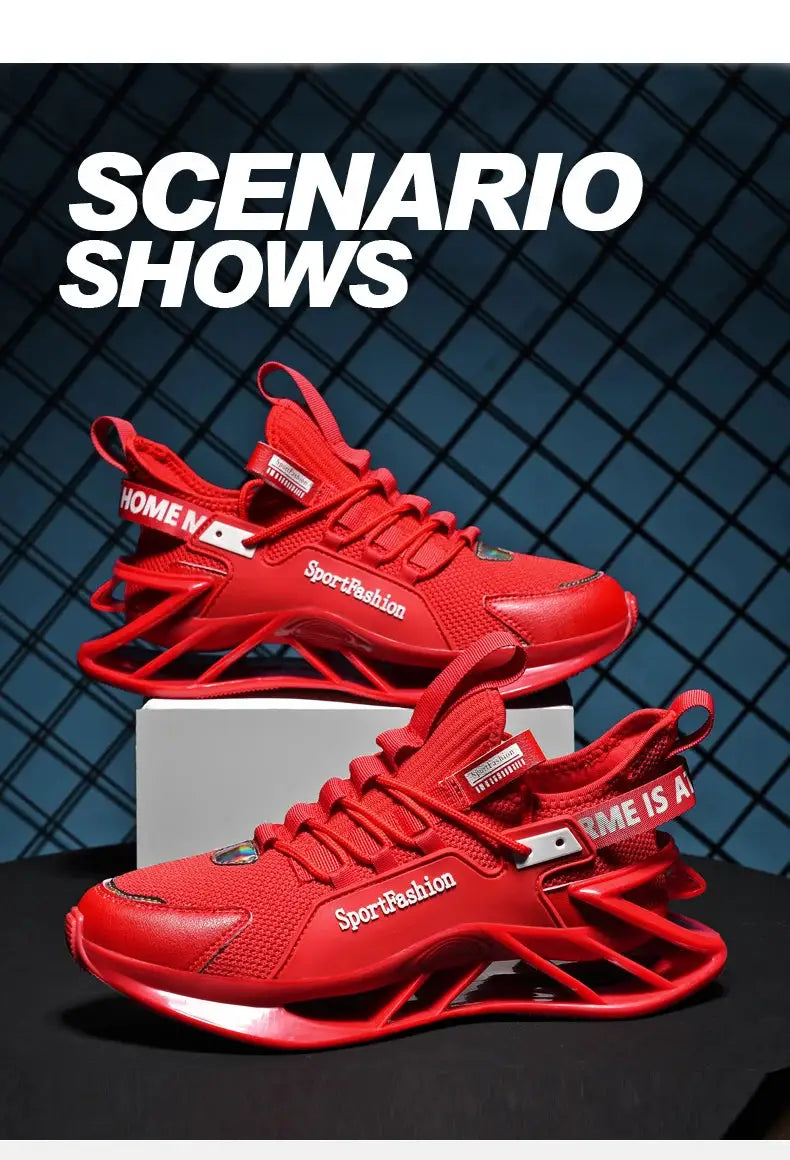 Red men's sneakers by SportFashion; pair of athletic shoes with breathable mesh upper