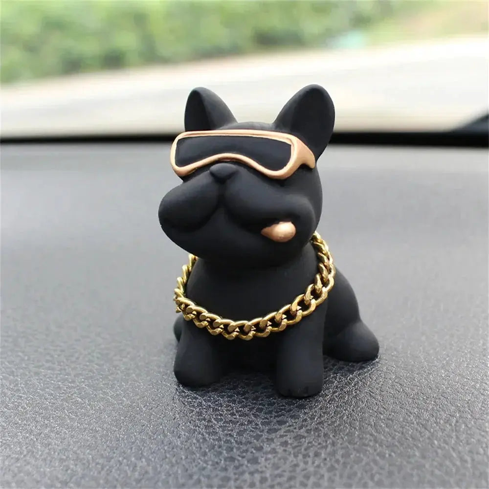 Wear-resistant black resin bulldog car ornament with gold chain and sunglasses for dashboard decor