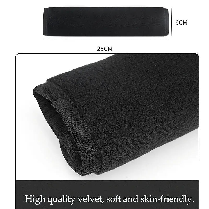 2pcs black velvet seat belt covers, soft and skin-friendly, 25cm x 6cm.