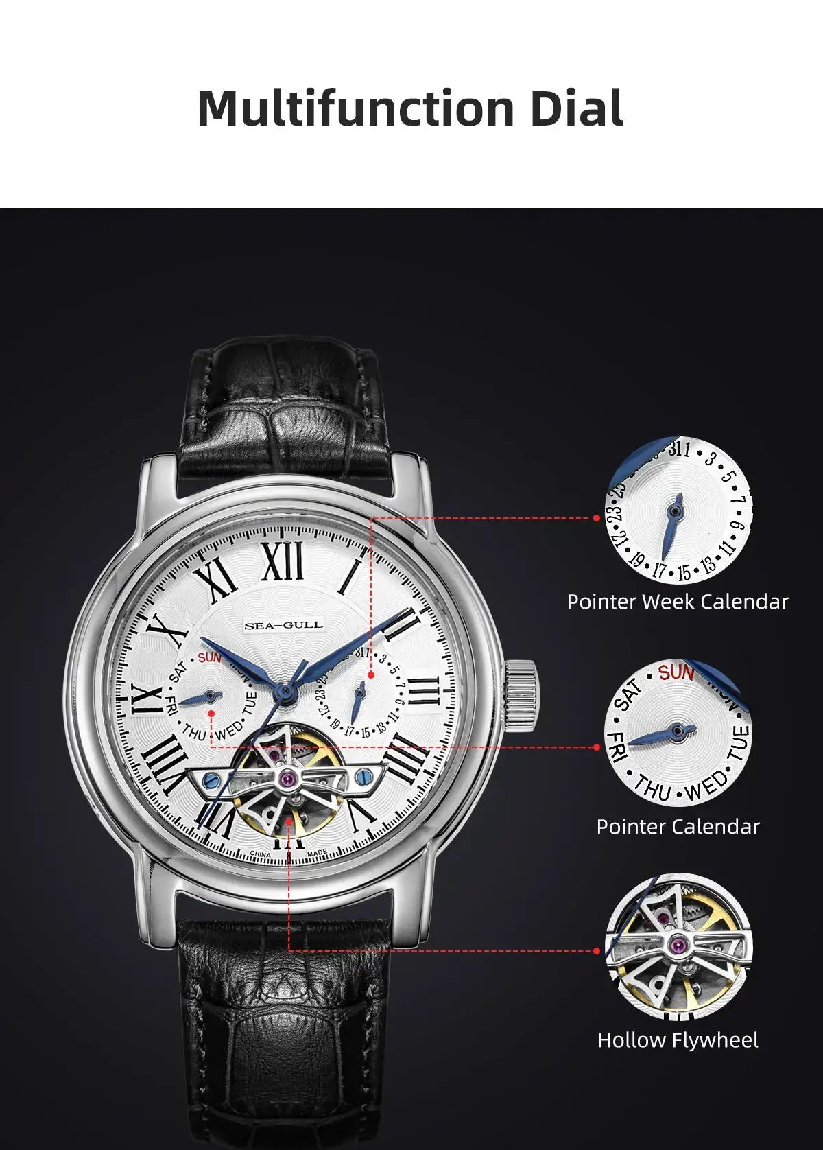 Men's Seagull automatic mechanical wristwatch with black leather strap and silver case, hollow flywheel.