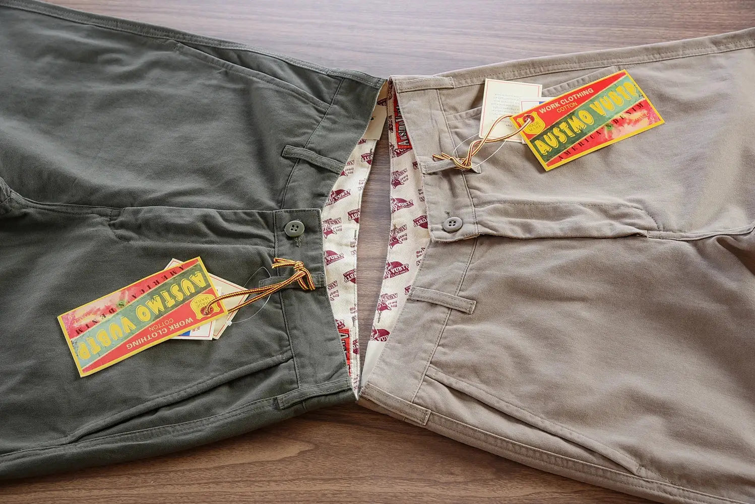 Simples Market driving pants, two 100% cotton washed chino twill trousers in olive and beige