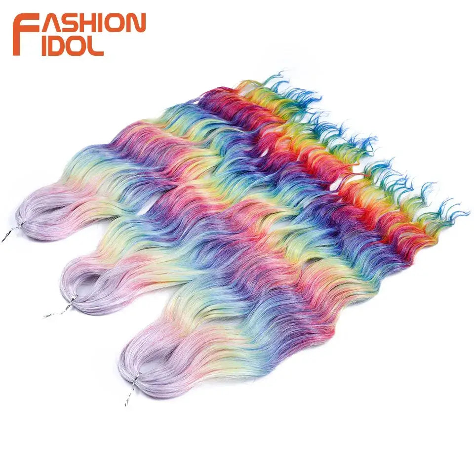 Anna Hair synthetic loose deep-wave braiding extensions, 24in rainbow ombre water-wave bundles, Simples Market