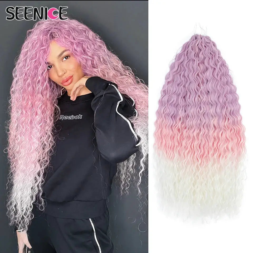 Ariel curl crochet hair extension in pink ombre, 22in water-wave style, SEENICE branding