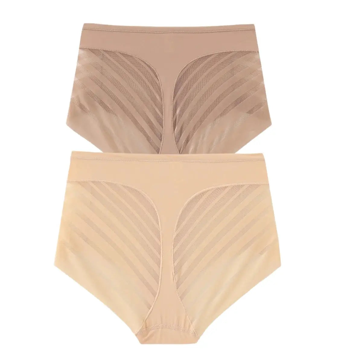 2Pcs Set women's ice-silk tummy-control shapewear briefs with mid-waist mesh panels in nude tones
