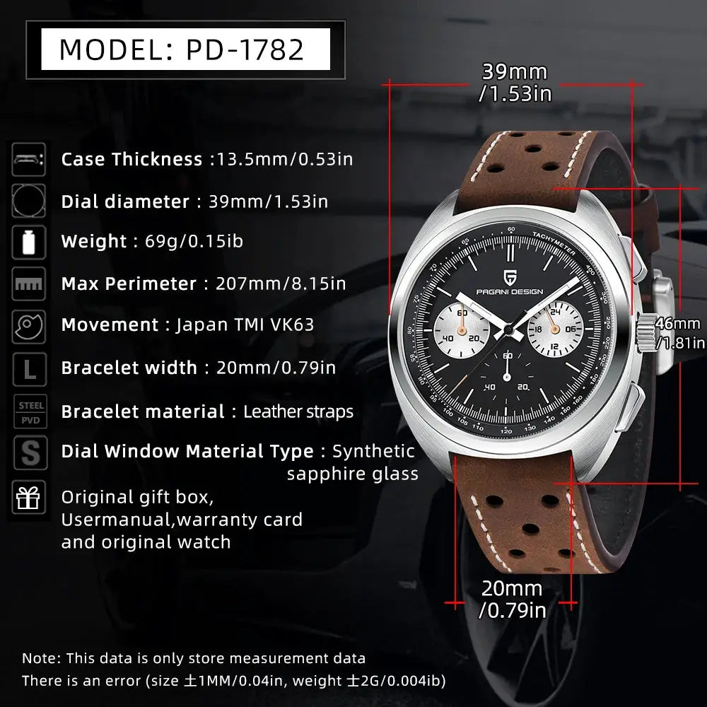 PAGANI DESIGN men's quartz chronograph watch with brown leather strap and black dial