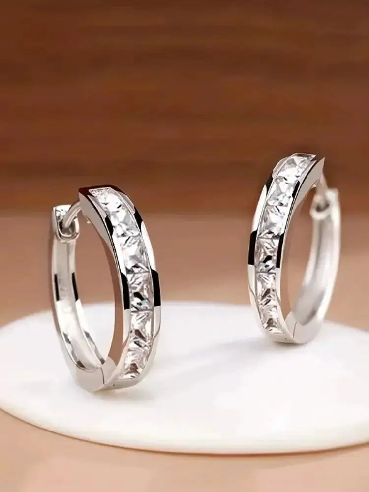 Huitan Classic Design Women Hoop Earrings With Princess Square CZ Zircon Silver Gold Plated Elegant Jewelry
