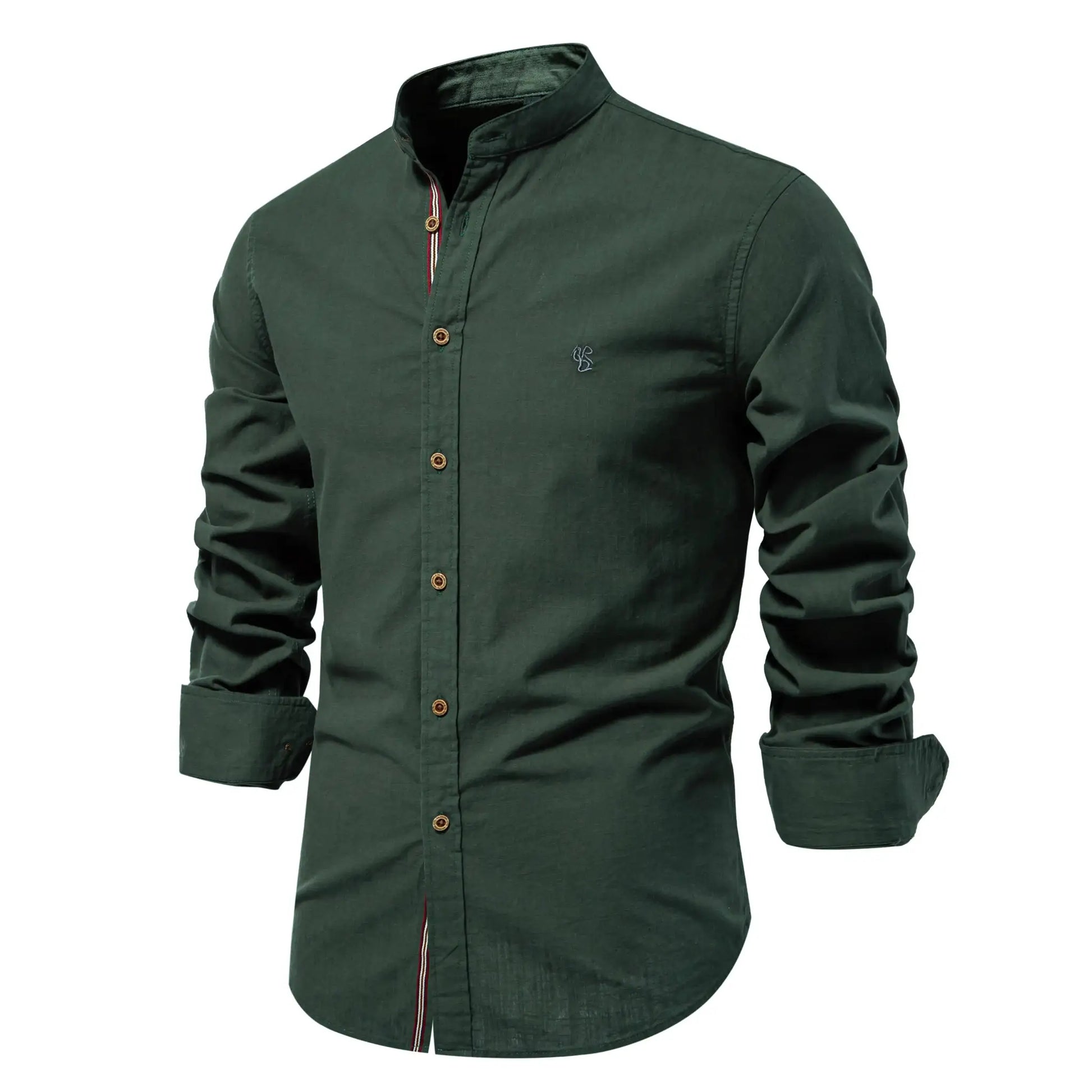 Men's dark green 100% cotton long-sleeve shirt with stand collar, wooden buttons and red-striped placket