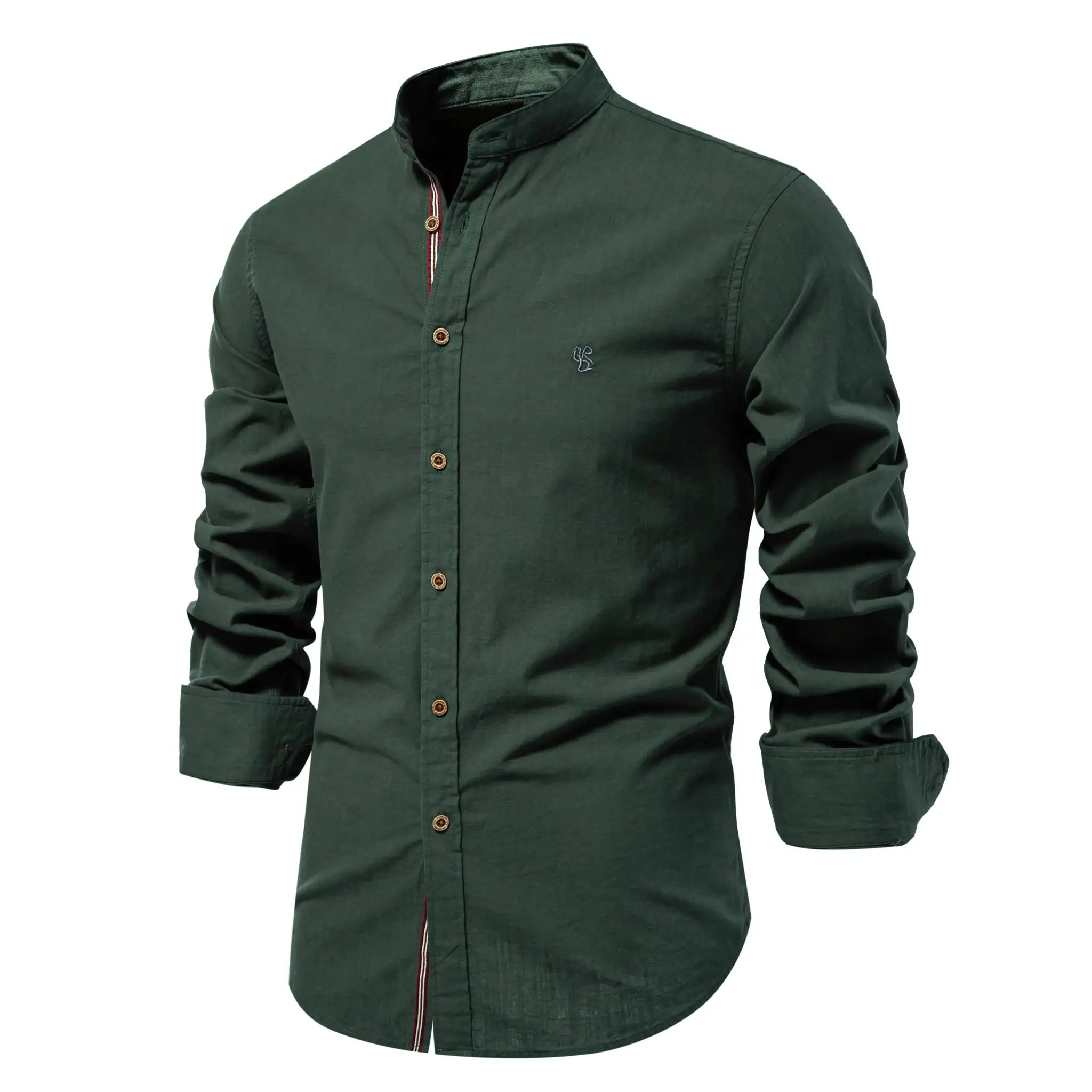 Men's dark green 100% cotton long-sleeve shirt with stand collar, wooden buttons and red-striped placket