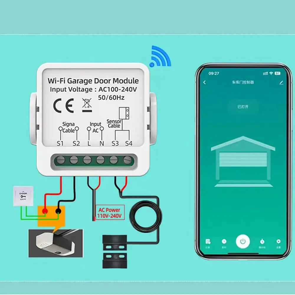 Smart WIFI Garage Door Opener module with terminal block, wiring, and a smartphone showing Tuya app.