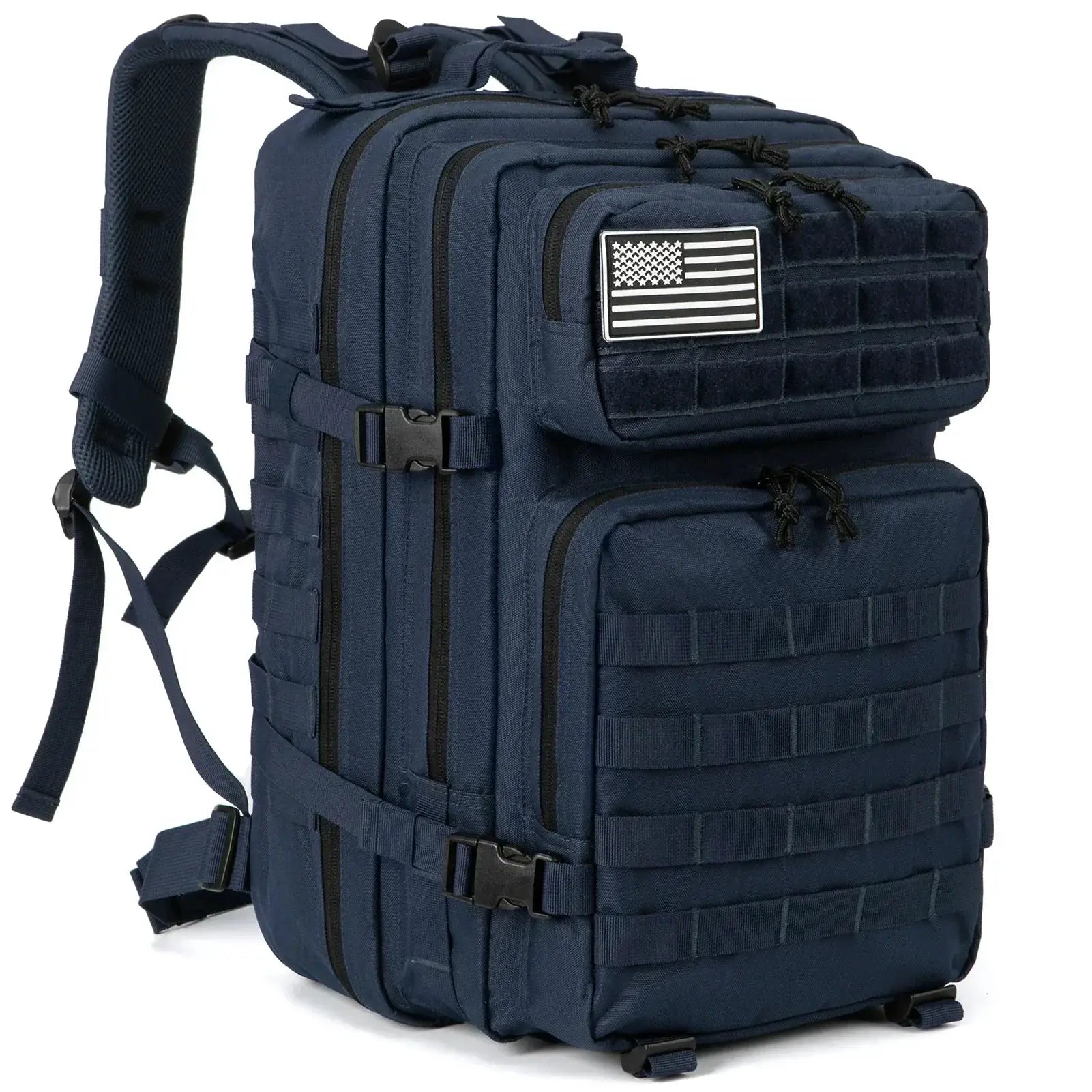 45L Tactical Backpack navy blue with MOLLE webbing, multiple zip pockets, and US flag patch
