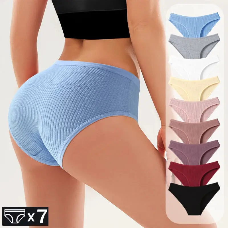 Women's 7-pack low-rise ribbed cotton panties in assorted colors