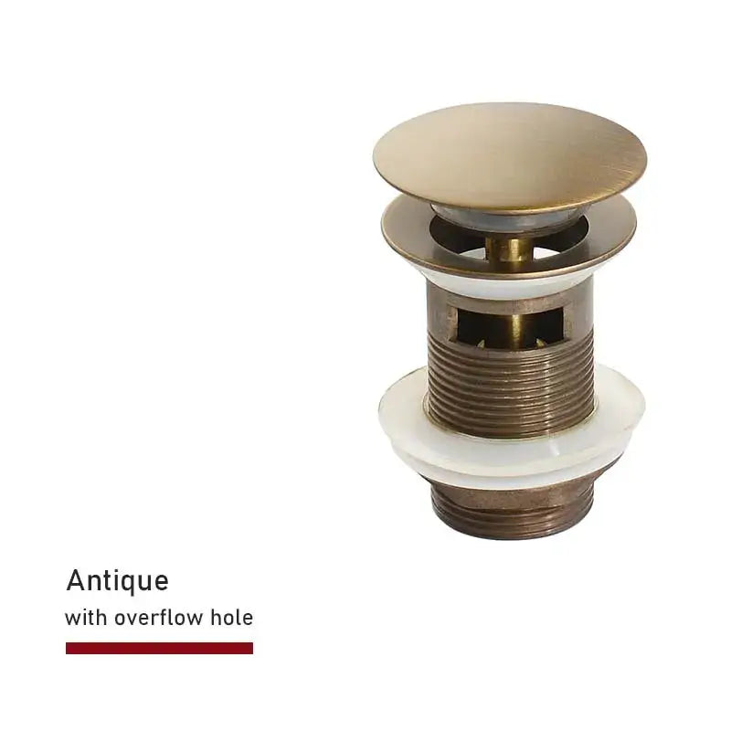 Bathroom sink push-down pop-up drain with overflow in antique brass finish