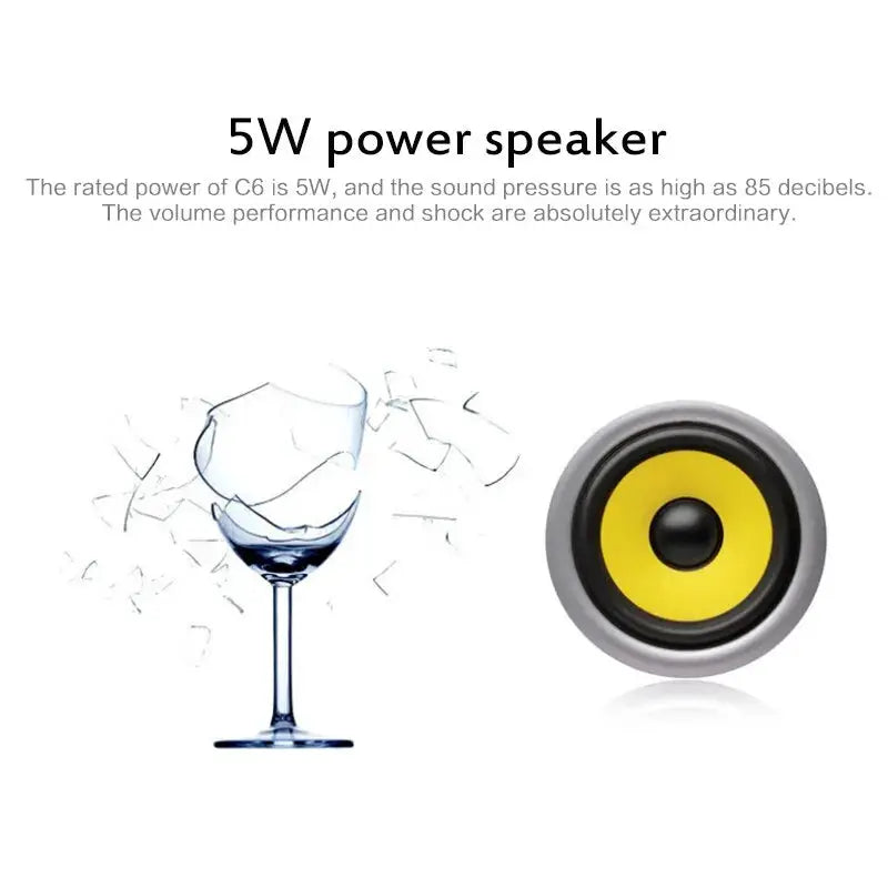 Waterproof wireless portable Bluetooth speaker with a yellow cone beside a shattered glass graphic