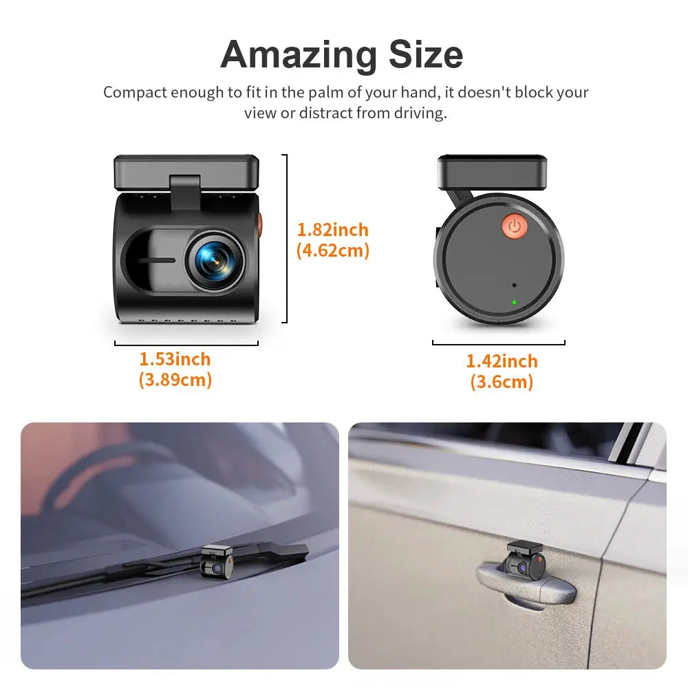 KAWA mini dash cam in black; compact 1.53 x 1.82 in body with 1.42 in round module, shown installed on windshield and car door.