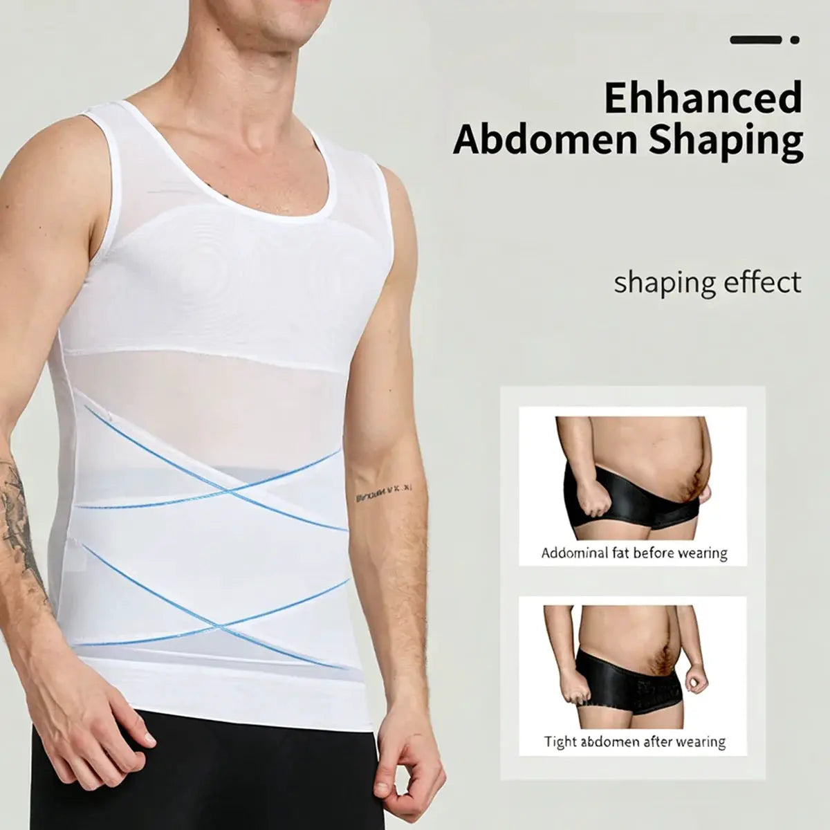 Simples Market men's white mesh-panel compression undershirt tank top for chest and abdomen shaping and slimming