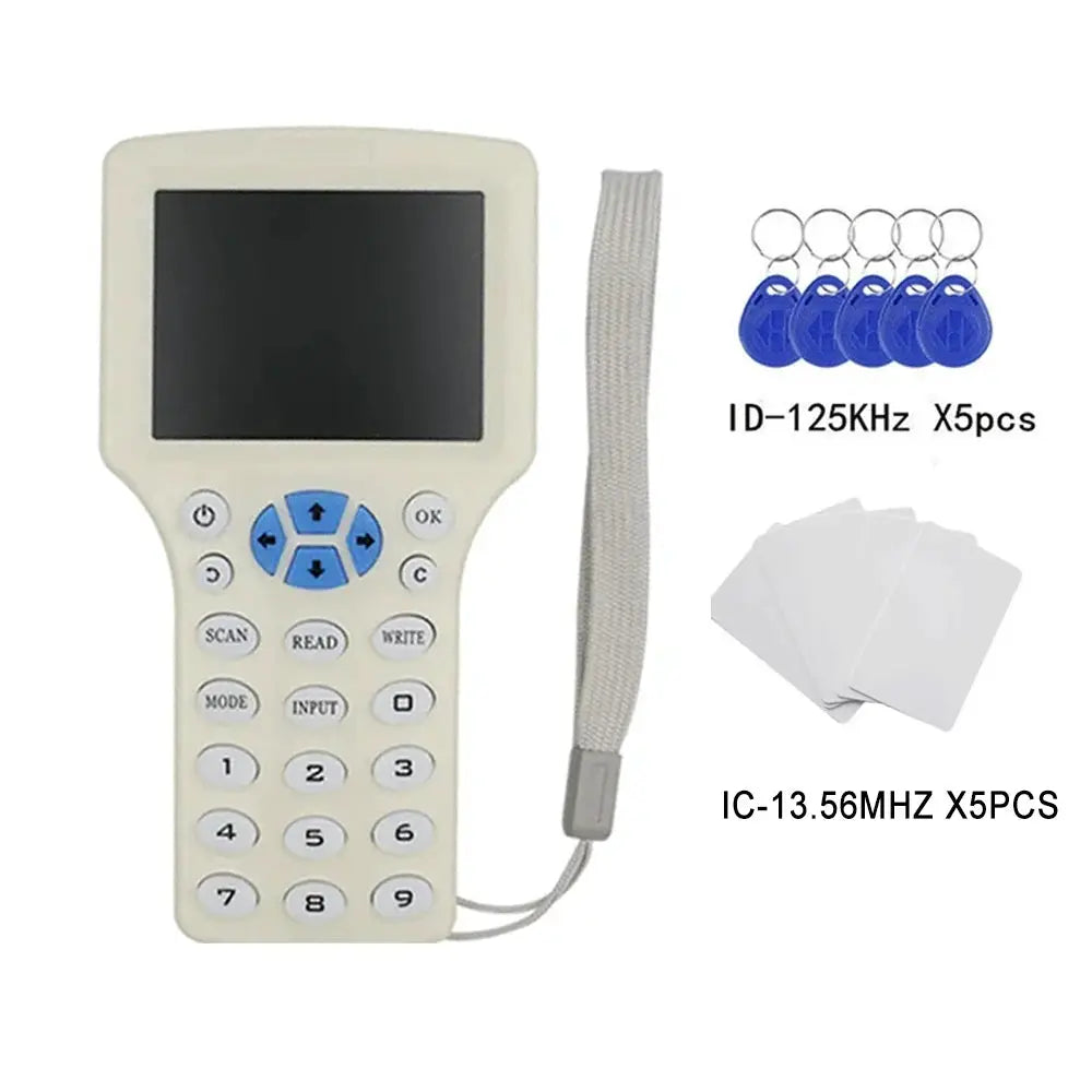 Simples Market NFC card reader/writer handheld device, 125KHz/13.56MHz, white with blue keypad; includes 5 blue fobs and 5 blank cards