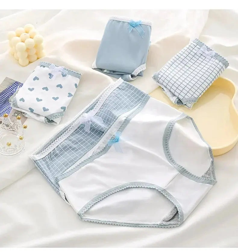 5-pack women's soft briefs by Simples Market; pastel blue/white with heart, plaid and grid prints, lace trim.