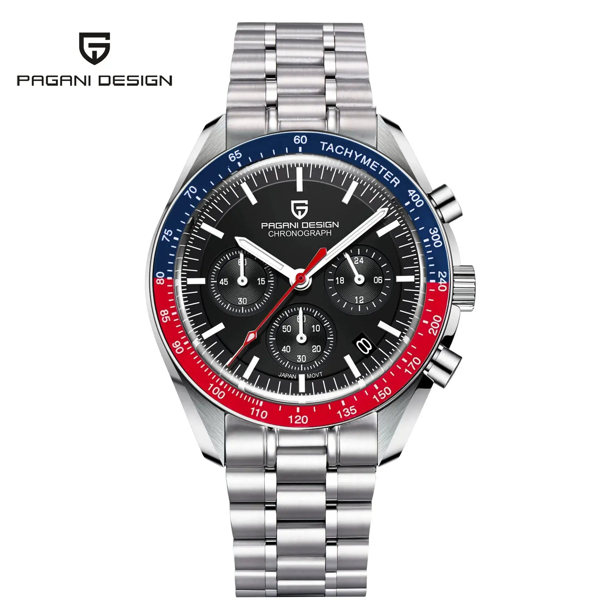 PAGANI DESIGN AK Project Mars men's chronograph watch with stainless steel bracelet and blue-red tachymeter bezel