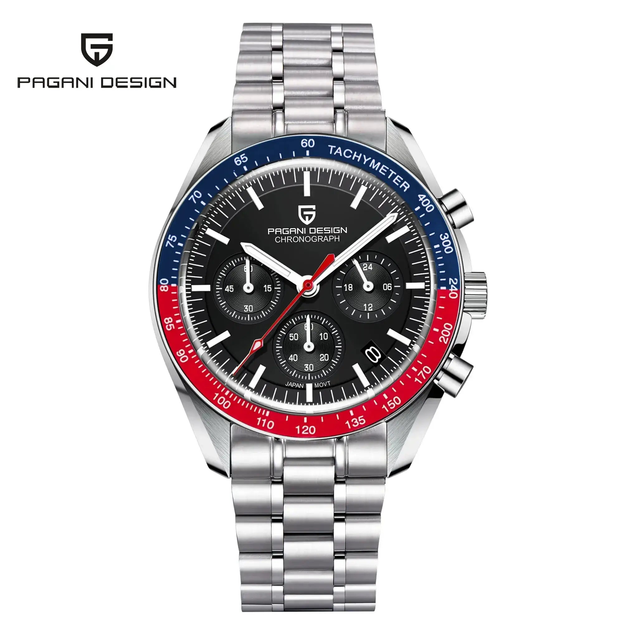 PAGANI DESIGN AK Project Mars men's chronograph watch with stainless steel bracelet and blue-red tachymeter bezel