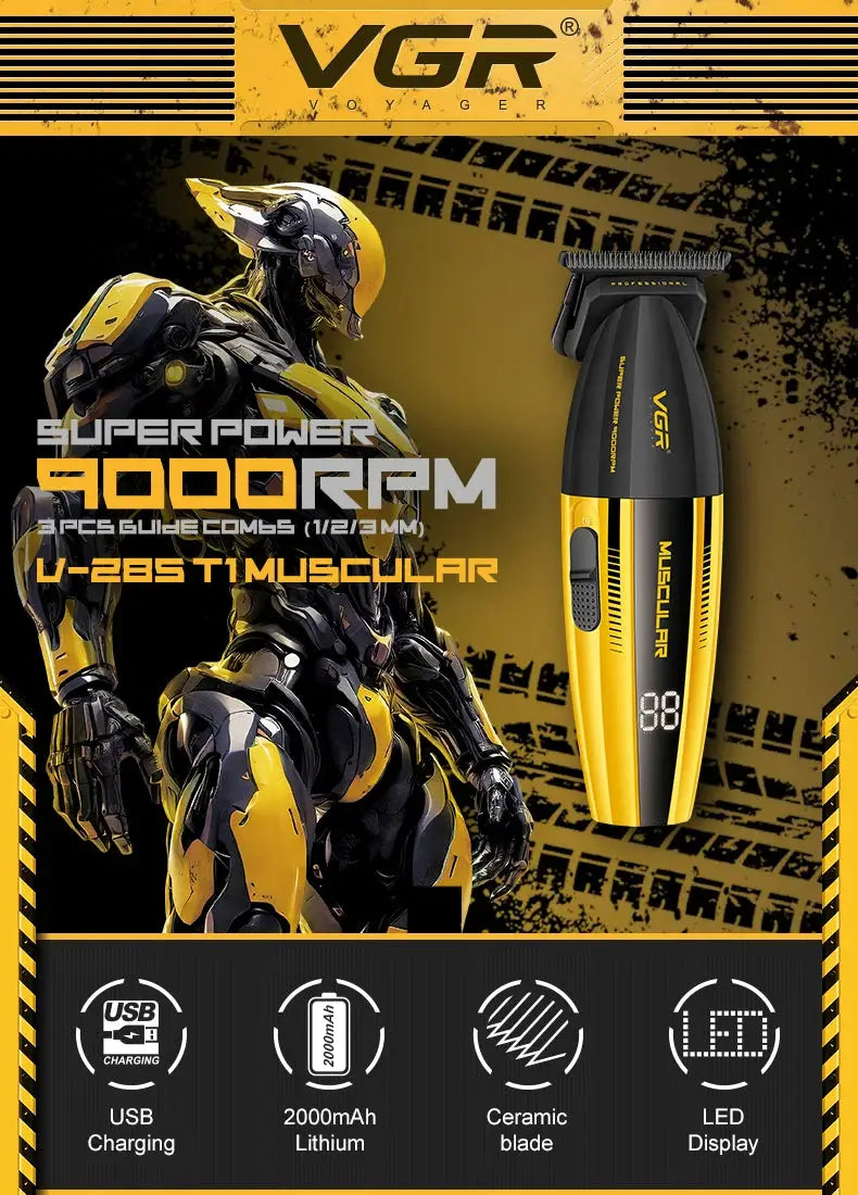VGR hair trimmer professional clippers with yellow/black metal body, ceramic blade, USB charging and LED display