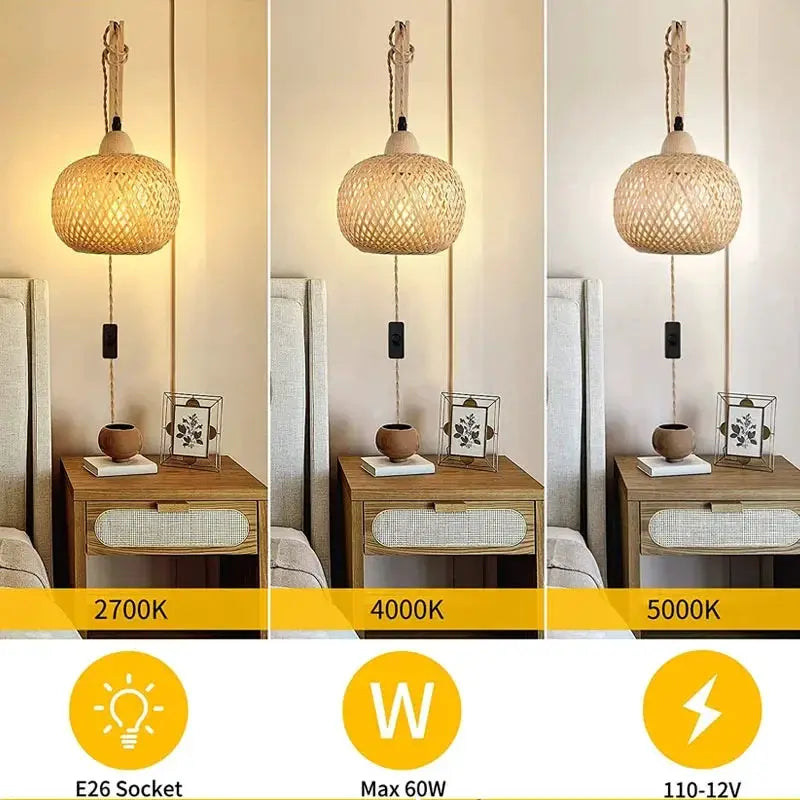 Bamboo lantern wall lamp by Simples Market; hand-woven natural rattan, E27 chandelier, three units shown in 2700K–5000K.