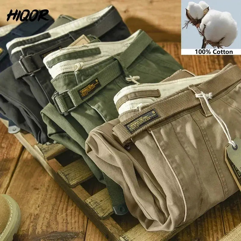 HIQOR men's 100% cotton cargo pants in assorted colors with belts