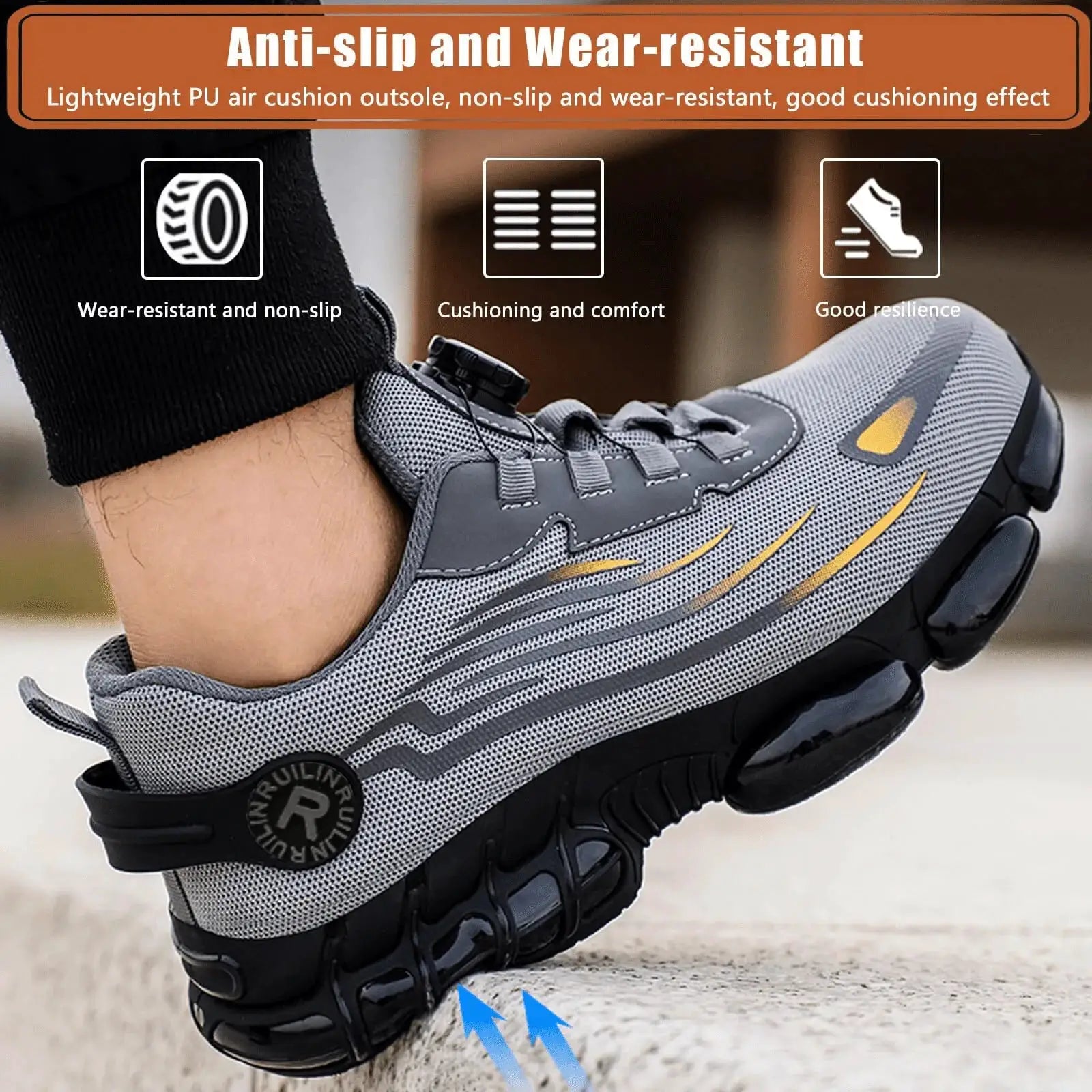 Simples Market indestructible steel toe safety shoes, grey mesh upper with slip-resistant outsole