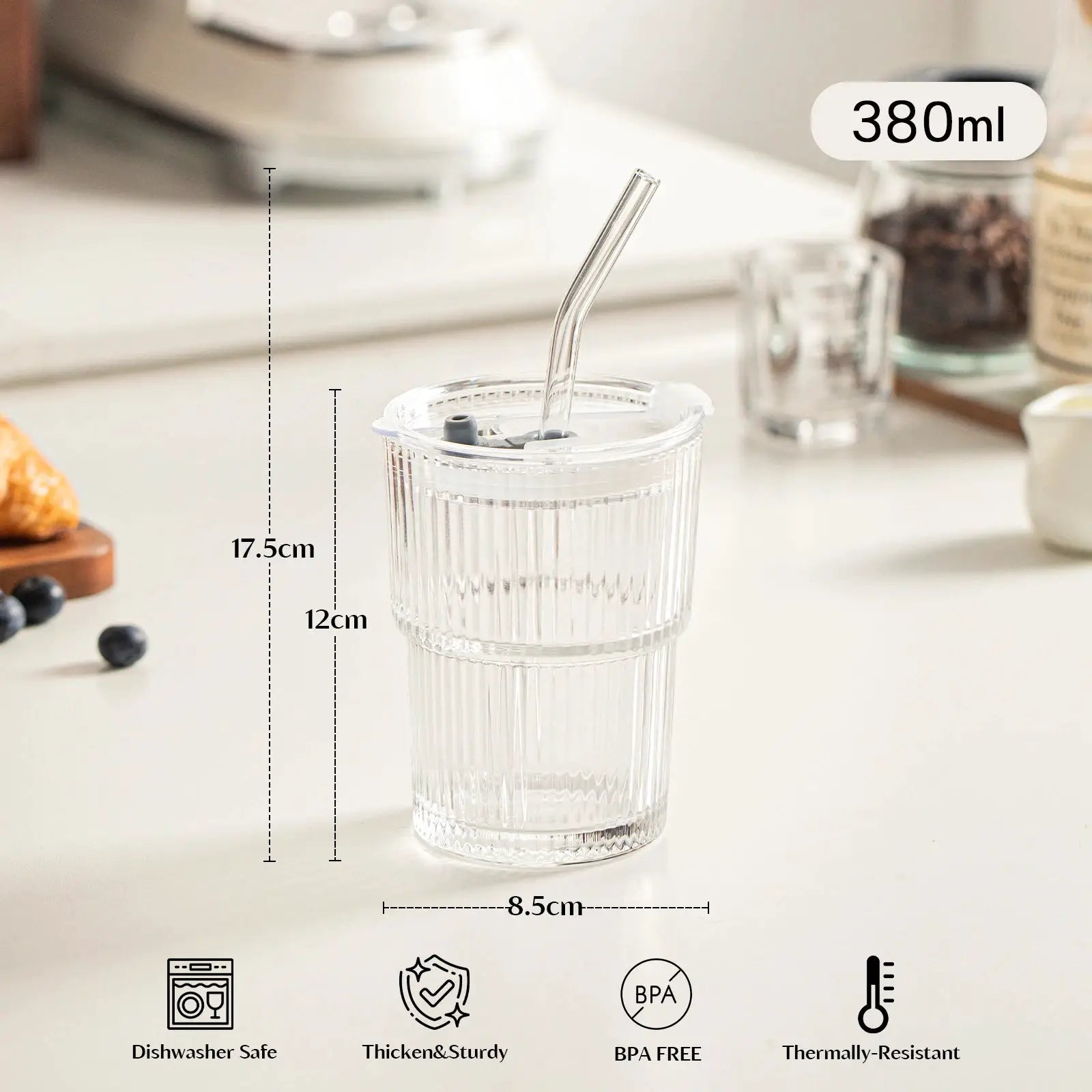 450ml Stripe Glass Cup With Lid And Straw Transparent Drinking Glass For Ice Coffee Tea Juice Milk Water