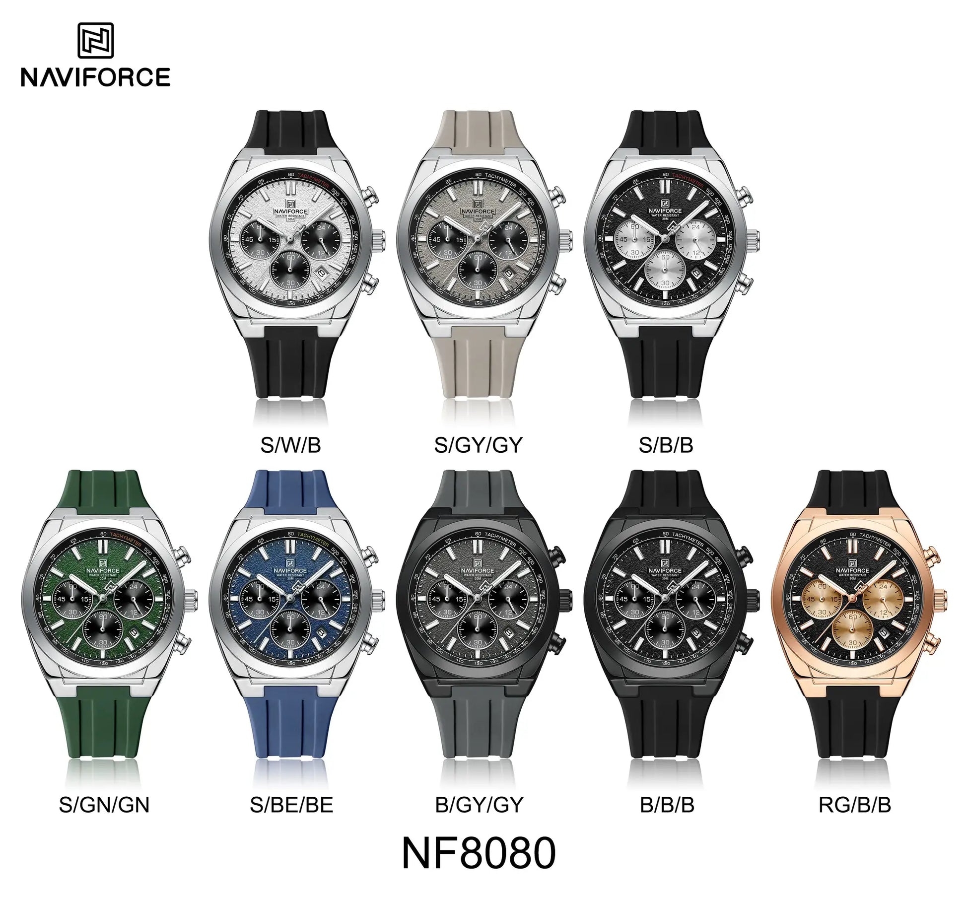 NAVIFORCE NF8080 men's quartz chronograph watches lineup in assorted colors with silicone straps